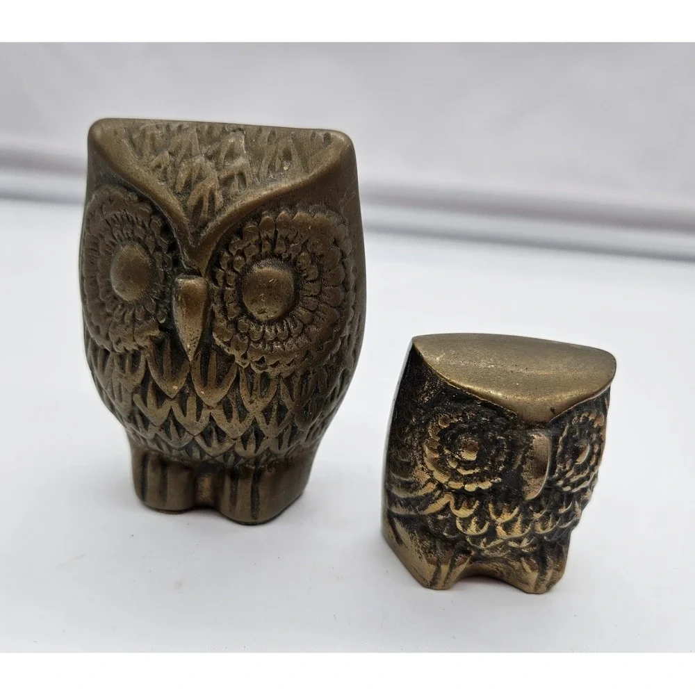 Vintage Solid Brass Owl Figurines Set of 2 Mid Century Modern Bird OWL decor